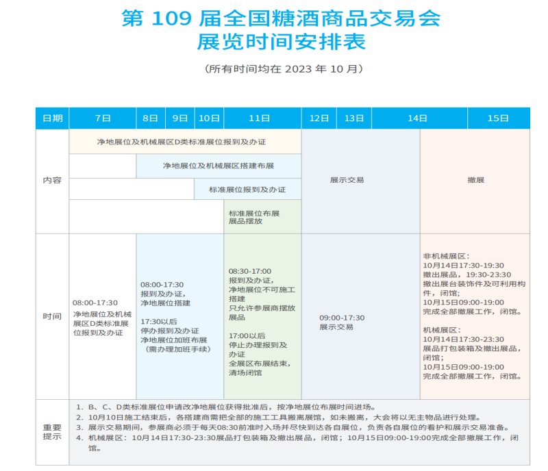 2023第 109 屆全國(guó)糖酒商品交易會(huì)（深圳秋糖會(huì)）展覽時(shí)間安排表